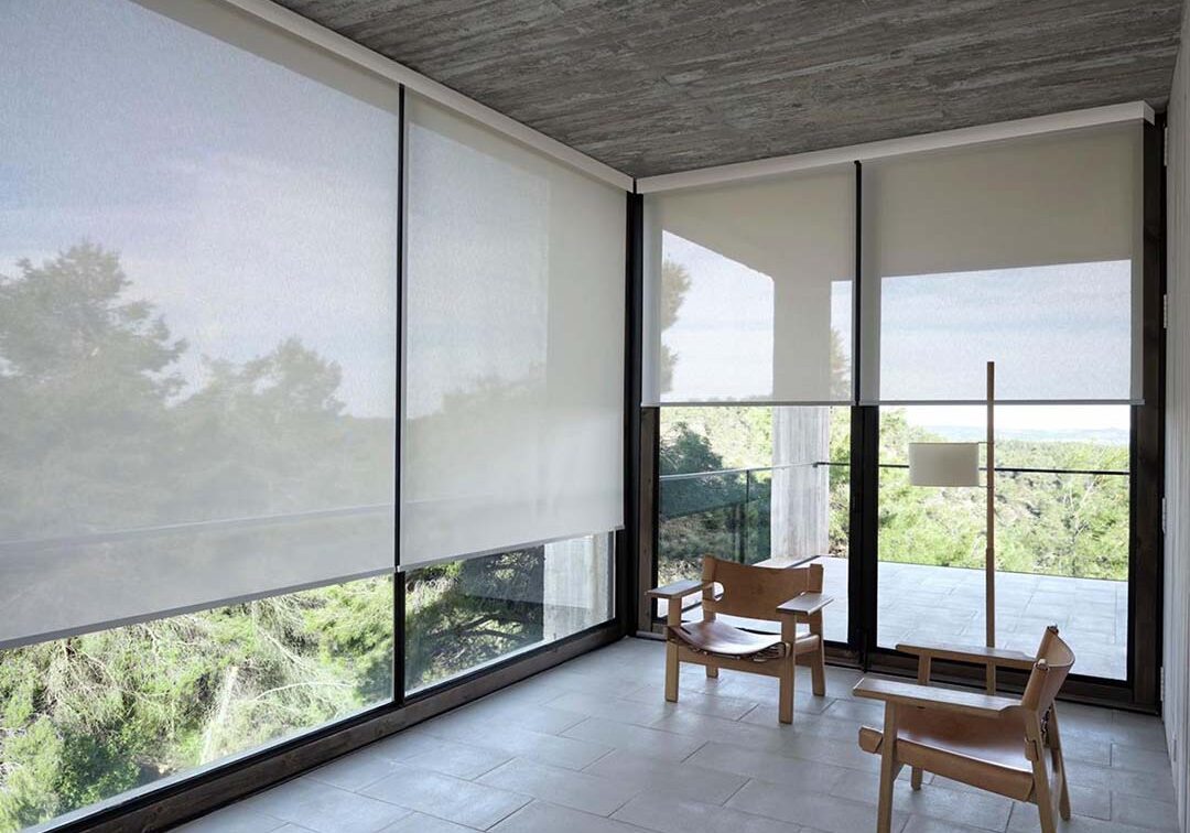Persiana screen en sala de juntas. Filtra luz natural y protege contra rayos UV manteniendo visibilidad exterior.